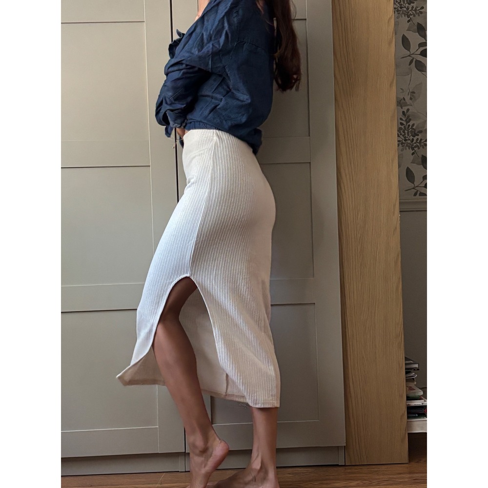 Women's Cream Ribbed Midi Pencil Skirt Bodycon Slit Formal Western Resort S